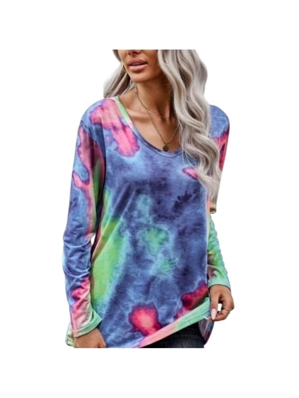TRÏBE Pink & Blue Multi Watercolor Long Sleeve Top Size Small NWT